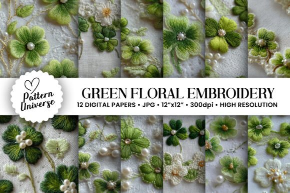 Elevating Craft Projects with Green Flowers Embroidery Digital Papers