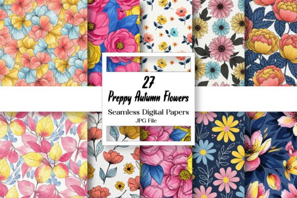 Preppy Autumn Flowers Digital Paper for Fall Designs