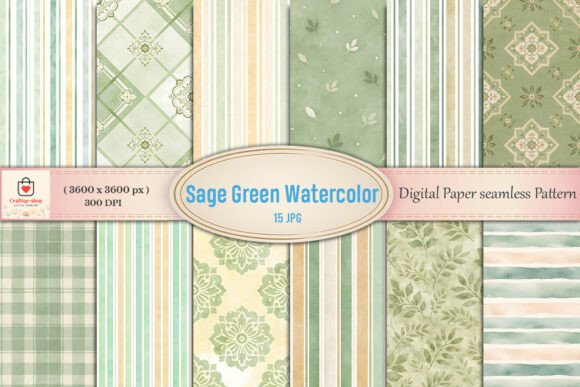 Sage Green Watercolor Stripes Digital Paper Pack