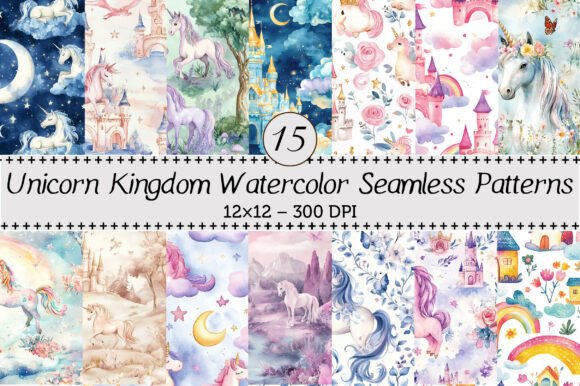 Unicorn Kingdom Watercolor Seamless Patterns for Creative Projects